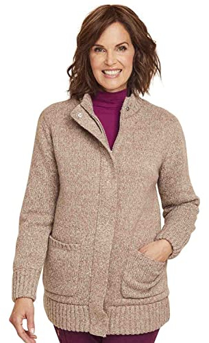 Chums Ladies Fleece Lined Cosy Knit Cardigan with Stud Fastening | Women's Marl Effect Knitwear, Full Zip & Studs, Two Patch Pockets (Approx. 30.5 inch length)