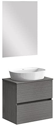 Baikal Baño Onyx, 2 cajones, suspendido en Pared, con Lavabo cerámico. Mueble Montado, Melamina 16,Mueble F39 + Top + Lavabo + Espejo 70 cm Ceniza