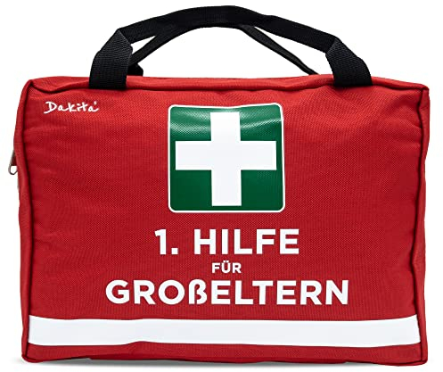 Dakita Erste Hilfe Tasche für Großeltern – Lustiges Geschenk für Oma und Opa zur Geburt eines Enkelkindes – 28×18×8 cm – rot, ohne Inhalt