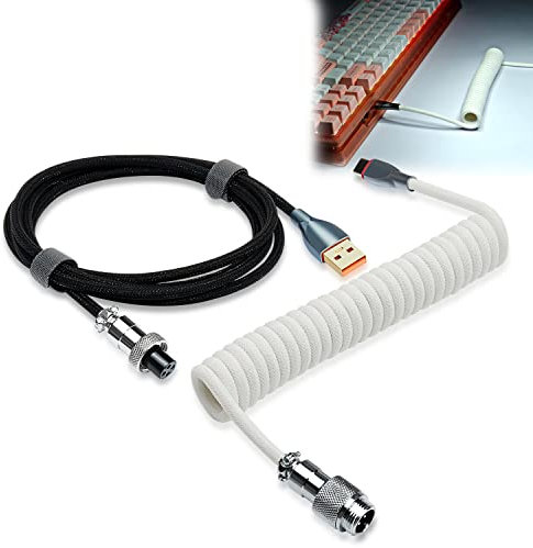 WOWLED Coiled Keyboard Cable, Pro Custom Coiled USB C Cable for Gaming Keyboard, Double-Sleeved Mechanical Keyboard Cable with Detachable Metal Aviator, 1.8M USB-C to USB-A (White & Black)