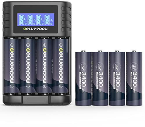 Delyeepow AA Rechargeable Batteries Lithium ion 3400mWh 1.5V Rechargeable Lithium AA Batteries 1500 Cycle 8 Count with LCD Charger