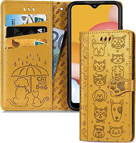 IMEIKONST Funda Samsung Galaxy A14 5G con Tapa, Funda Movil Libro Carcasa Magnético Tipo Billetera Ranura para Tarjeta Elegante Mujer PU Cuero para Samsung A14 4G. Gato Perro Amarillo SD