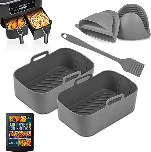 SIMPLYFRY Silikon-Einlagen für Ninja Air Fryer 6-teiliges Set & E-Kochbuch 2024, extra langlebige Version von SIMPLYFRY wiederverwendbarer Silikoneinsatz, Handschuhe, Bürste und eBook für Ninja Dual