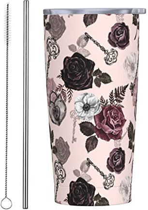 Bicchiere termico Rose Goth Flower Key Floral 20 OZ con coperchi e cannuccia Tazza sottovuoto in acciaio inossidabile Caffè Acqua Tazza da viaggio a tenuta stagna per Home Office School