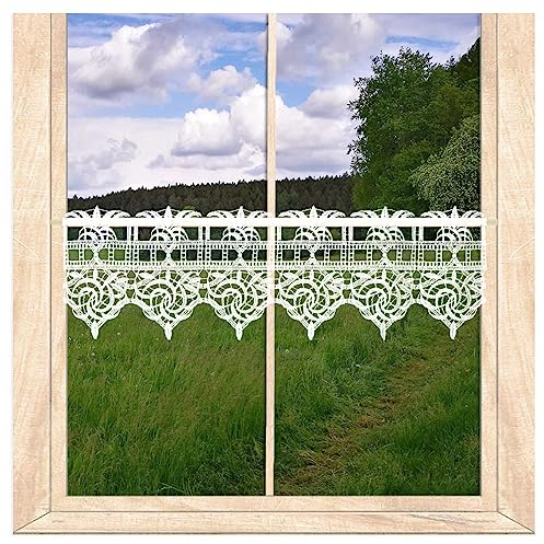 atelier alles-Spitze Moderne weiße Spitzengardine Leona | Hochwertiger Kleiner Kurzstore aus Vogtländischer Luftspitzen-Stickerei | Höhe x Breite 14 x 64 cm