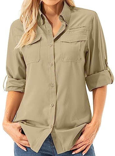 Asfixiado Damen Hemdbluse UV Shirt UPF 50+ Safari Kleidung Wanderbluse Damen Outdoor Cooling Quick Dry Sonnenschutz Langarm Luftiges Hemd(5072 Khaki L)