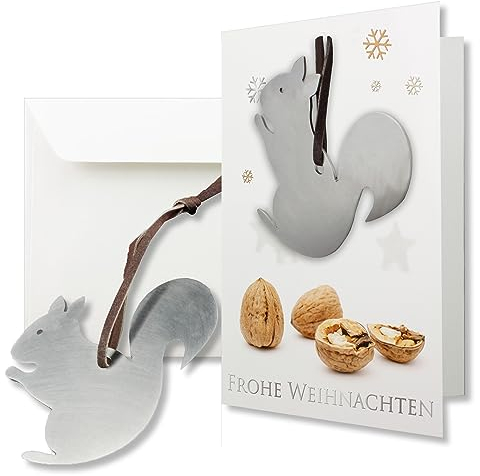 2x Grußkarten Doppelkarten mit echtem Edelstahl-Nussknacker Form Eichhörnchen und Lederband inklusive Umschlägen in Naturweiß Format DIN B6