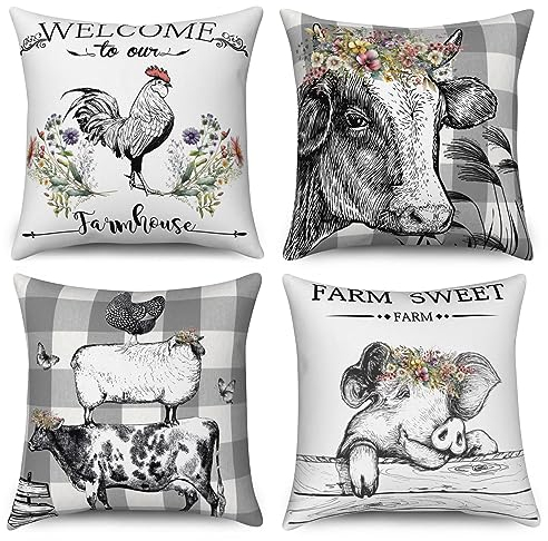 ASDCXZ Kissenbezug 50x50 cm 4er Set, Bauernhof Niedlich Tier Huhn Rinder Schafe Schwein Sofa Dekokissen Kissenbezüge Kissenhülle Waschbar Polyester Flachs Textil Outdoor Kopfkissenbezug Kissen Bezug