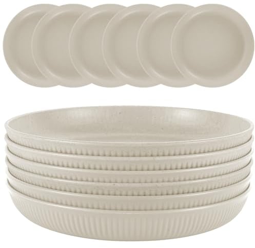 Dyserbuy 6pcs Unbreakable Dinner Plates Set, Plastic Plates Reusable, Lightweight Camping Plates, Picnic Plates for Salad, Pasta, Party, Home, Office, Microwave and Dishwasher Safe, Beige
