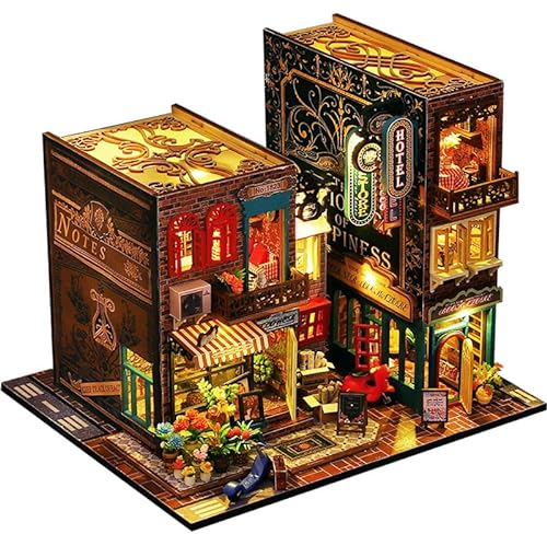 CRIOLPO Maison Miniature DIY Kit,Maison de poupée en Bois avec Meubles et lumières LED, kit modèle DIY, idée de Mini Maison créative à l’échelle pour Enfants et Adultes (Coin de Rue)