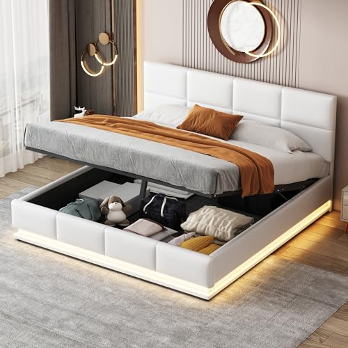 FEZTOY Polsterbett 160x200 cm mit LED Hydraulisch Bettstauraum,Bettgestell mit Bettkasten & Lattenrost Bezug aus Kunstleder Doppelbett Erwachsenen Jugendbett ohne Matratze (Weiß-160x200)