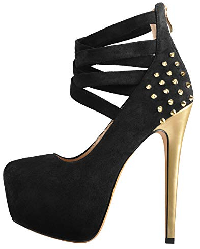 MissHeel Plateau Mary Janes Riemchenpumps Nieten Gold Schwarz Faux Suede EU 45