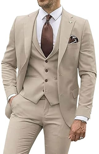 Herren 3 Stück Casual Tuxedo Anzüge Kerbe Revers Slim Business Anzug Set Hochzeit Prom Party Blazer Jacke Weste Hose (Khaki,XL)