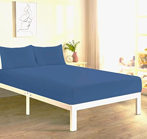 HOORHAM® Non Iron Percale Single Fitted Sheet Poly Cotton Easy Care Deep Fitted Bed Sheets 90X190 CM (Blue)