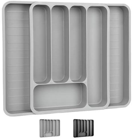 Qidordour Silverware Drawer Organizer, Expandable Utensil Tray for Kitchen Drawer Organizer, Cutlery and Flatware Holder for Forks, Knives, Adjustable Plastic Kitchen Organizers Storage Solution, Grey