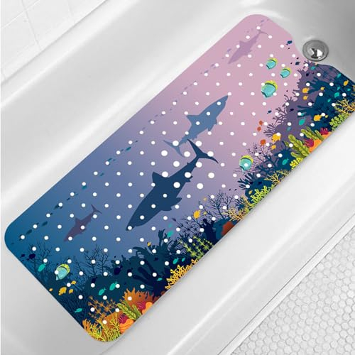 Badematte für Kinder, rutschfest, 101,6 x 40,6 cm, extra lang, Hai, Ozean, Wal, tropische Fische, rutschfeste Duschmatte für Badezimmer mit großen Abflusslöchern und Saugnäpfen, Badematten und