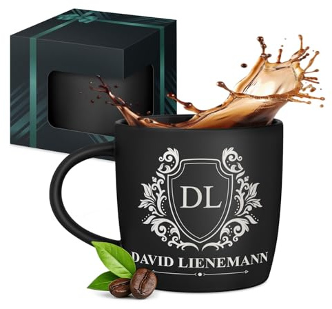 Maverton Keramik Kaffeebecher 400ml mit Gravur, schwarze Kaffeetasse | Aus Matt Keramik mit Henkel, Trinkbecher für Mann zum Geburtstag zu Weihnachten, matt schwarz, Innen schwarz, Vorname