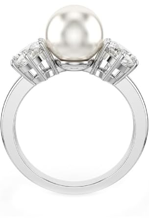 Swarovski Matrix Cocktailring, Weißer, Rhodinierter Ring mit Kristallperle und Strahlenden Kristallen im Rundschliff