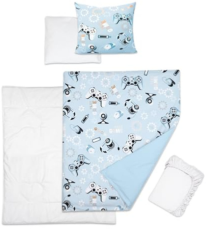 Baby Comfort 5 pezzi biancheria da letto per bambini con federe e lenzuolo in jersey per culla 90 x 55 cm (giochi) (12 mesi+)