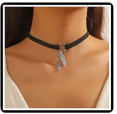 Faruodis Leder Feder Choker Halskette Boho Türkis Perlen Blatt Halskette Kragen Kette Quasten Schmuck für Frauen Damen (Schwarz)