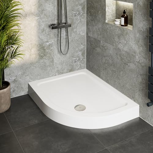 Hydrolux® 1200 x 900 x 140mm White Bathroom Shower Tray for Enclosures Cubicles & Wet Room with Chrome Waste + Riser Kit, Offset Quadrant Right Hand