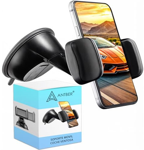 Soporte movil Coche Ventosa salpicadero Parabrisas Ventosa Fuerte instalacion Rapida Ajuste Seguro Compatible con telefonos moviles de hasta 7,6 rotacion 360º Maxima Estabilidad Negro