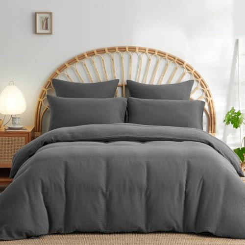 Lanqinglv Doppelte Musselin Bettwäsche 135x200 4 Teilig Baumwolle,Kuschelige Leinenoptik ÖKO-TEX Bettwäsche Dunkelgrau,Bettwäsche Sets 2er Set mit Reißverschluss und 1 Kissenbezug 80x80cm