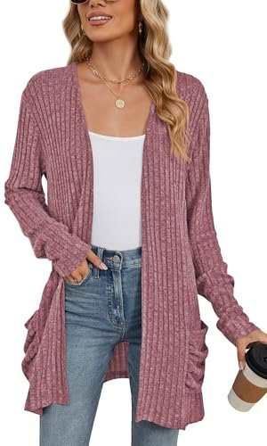 SEAUR Cardigan Lungo Donna a Maniche Lunghe Cardigan Lavorato a Maglia Elegante Maglione Aperto Davanti con Tasche Cardigan Casual per Autunno Primavera Viola L