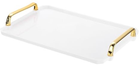 PATIKIL 12 x 8,6 Vassoio di Servizio in Plastica con Manici Dorati, Vassoio Riutilizzabile Rettangolare per Piatto Dessert Caffè Tè Tavolo Soggiorno Cucina, Bianco