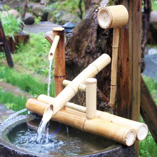 Fontaine à eau en bambou avec pompe à bascule pour décoration de jardin zen style japonais
