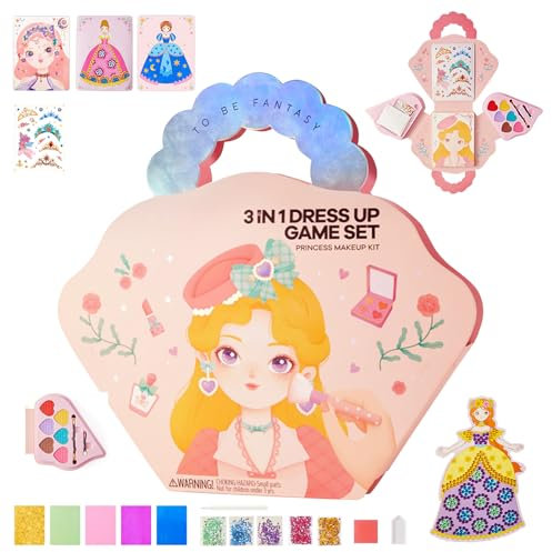 Skeadex 3 in 1 Papier Dress Up Bastelset Aufkleber Spielzeug, Folienkunst & Diamond Kunst Painting Bücher, Schminkset Mädchen, Papier Make Up Spiel Geschenk für Mädchen Alter 4 5 6 7 8+ Jahr alt