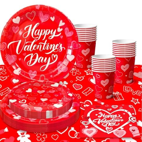 Pappteller Valentinstag Servietten Set-97 Stück Valentinstags party Geschirr Valentinstag Deko Geschirr Valentines Day Decorations Serviette etc