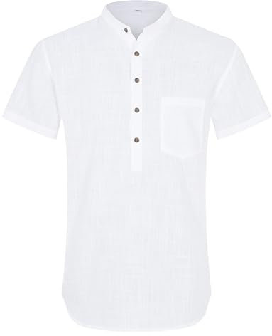 APTRO Mens Short Sleeve Linen Shirts Casual Cotton Shirts Summer Shirts Hawaiian Striped Grandad Henley Shirts Pocket White MHL63 XL