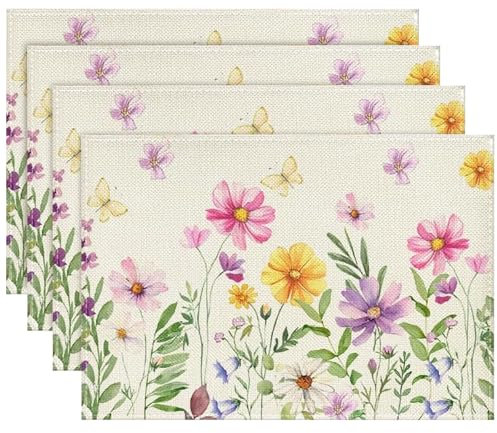 4er Set Blumen Schmetterling Frühling Platzsets Abwaschbar 30x45cm, Platzdeckchen Stoff Blumen, Tischuntersetzer Tischunterlage Saisonaler Sommer Küche Tisch Dekoration Drinnen Urlaub Party Dekor (A)