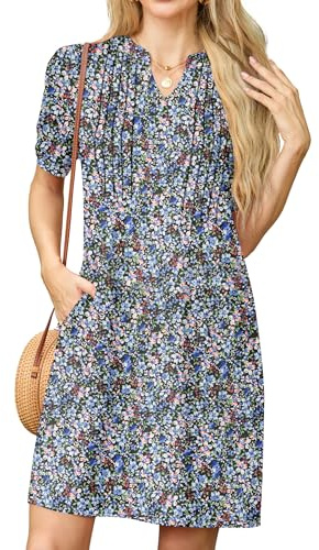 GRECERELLE Womens Dresses Summer Casual Short Sleeve V Neck Shift Dress for Women Ladies T Shirt Dress with Pockets (Black with Anemone, S)