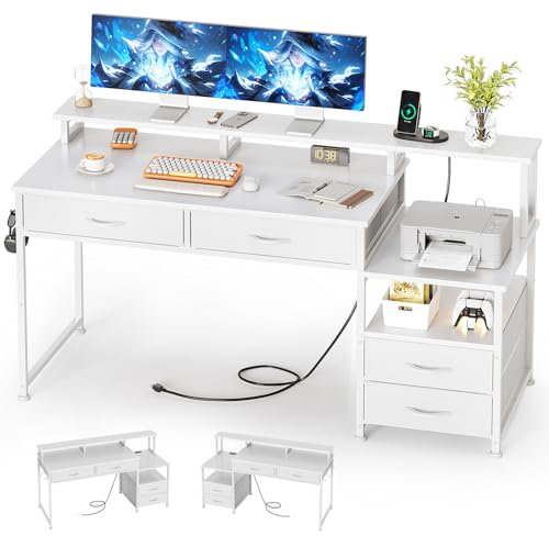MUTUN 53 Computer Desk with Power Outlet and Monitor Stand, Reversible Home Office Desk with Fabric Drawers, Wooden Desks with Storage, White