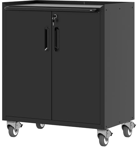 BIZOEIRON Werkzeugschrank, Metallschrank mit Rädern, Garagenschrank mit 2 Türen, Rollender Werkstattschrank, Montage Erforderlich, Schwarz