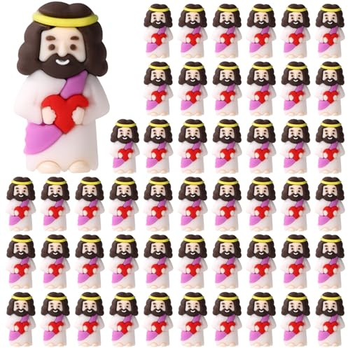 Lyreh 50stk Klein Jesus Statue mit Rotem Herz, Miniatur Osterdeko aus PVC-Material Mini Valentinstag Jesus Dekor für Ostern Valentinstag Gastgeschenk und Dekoration(Lila)