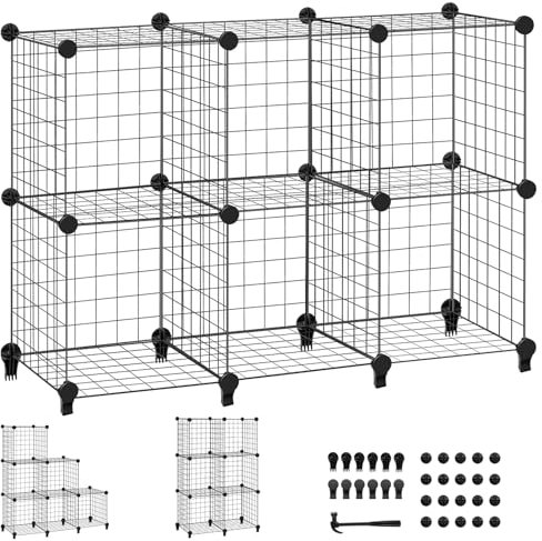 6 Cube Modular Storage Wire Mesh Shelf, Wire Grid Storage Rack, Multifunctional DIY Interlocking Shelving Unit for Office, Livingroom, Kitchen, Bathroom, 95x31x97CM, Black