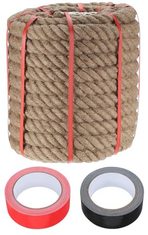 sourcing map Jute Rope 1.3 Inch x 66ft, Heavy Natural Thick Twisted Rope with 2 Roll Tapes for Crafts Railing Docks Tug of War Swing Nautical Landscaping