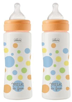 Chicco Set 2 Biberon Perfect Easy Flusso Veloce, Bibern Anticolica, Riduce Rigurgito e Irritabilità, Bottiglia in Plastica da 330ml, Set Regalo, Confezione Risparmio, 4 Mesi+, Bambino