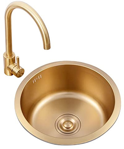Easnuroz Fregadero De Cocina De Un Seno, Redondo Y Dorado con Grifo. Fregadero De Preparación Profundo para Barra con Accesorios. Fregadero Pequeño para RV, sobre Encimera, Ideal para Cocina(32cm)