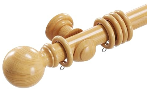 Loch & Skye Wooden Curtain Pole Set - Natural, 300cm (2x150cm) - 35mm Diameter Fixed Length Beechwood Curtain Rod with Finials, Rings & Brackets - Thick Curtain Poles for Eyelet Curtains and Windows