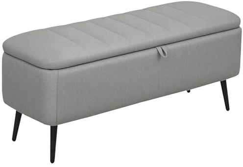 HOMCOM Storage Ottoman with Flip Top, Rectangular Upholstered Bench, Linen Look Fabric Footstool with Steel Legs for Living Room, Bedroom, Light Grey