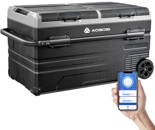 AAOBOSI 115L Kompressor Kühlbox, Dual Zone, Kühlbox Kompressor mit APP | 12/24V und 100-240V, MAX & ECO Modus, USB-Handy-Ladung, -20°C bis 20°C, LED-Beleuchtung, für Auto, Boot, Camping und Reisen