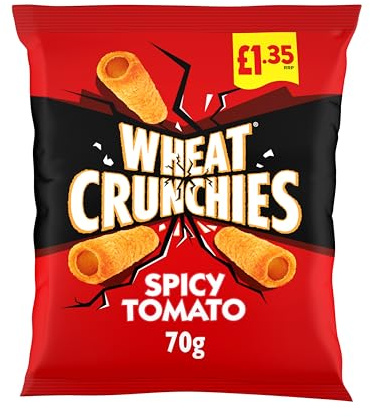 Wheat Crunchies Spicy Tomato 16 x 70g – Tube-Shaped Crunchy Crisps with Bold Flavour – No MSG, No Artificial Colours or Flavours – Vegetarian Snack – Ideal for Sharing, Lunchboxes, or Vending