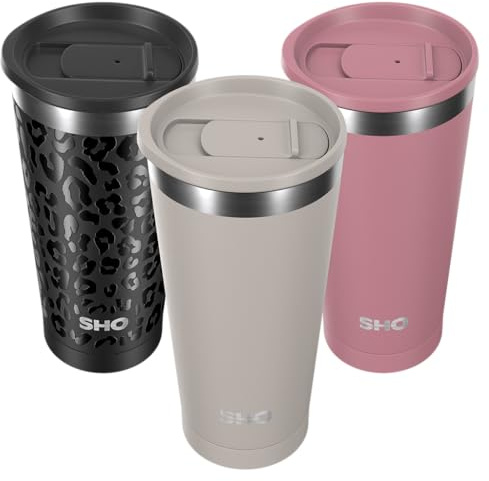 SHO Calix Insulated Stainless Steel Coffee Cup (Soft Taupe, 500ml) | 2 Lids - Slider & Straw, Splash-Proof, 6H Hot, 12H Cold, Tumbler, BPA-Free