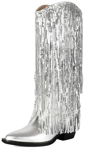 Hykytyhk Stivali da donna con frange in stile western, cowboy, cowgirl, larghi, stivali da equitazione, feste, balli, Argento, 37.5 EU