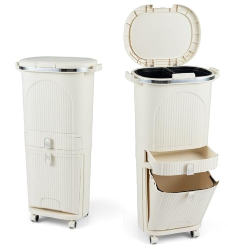 LIFEZEAL 38L / 42L Mülleimer auf Rädern, Abfalleimer mit 3 Fächern & Deckel, Tretmülleimer mit Griff, Küchenmülleimer Abfallbehälter für Küche, Wohnzimmer & Büro (42L,Beige)