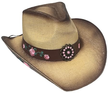 Carnavalife Sombrero de Cowboy/Cowgirl de Paja Fuerte Panamá, Sombrero Texas, Sombrero Vaquero Bordado Floral Unisex Talla única Hombre Mujer Coachella